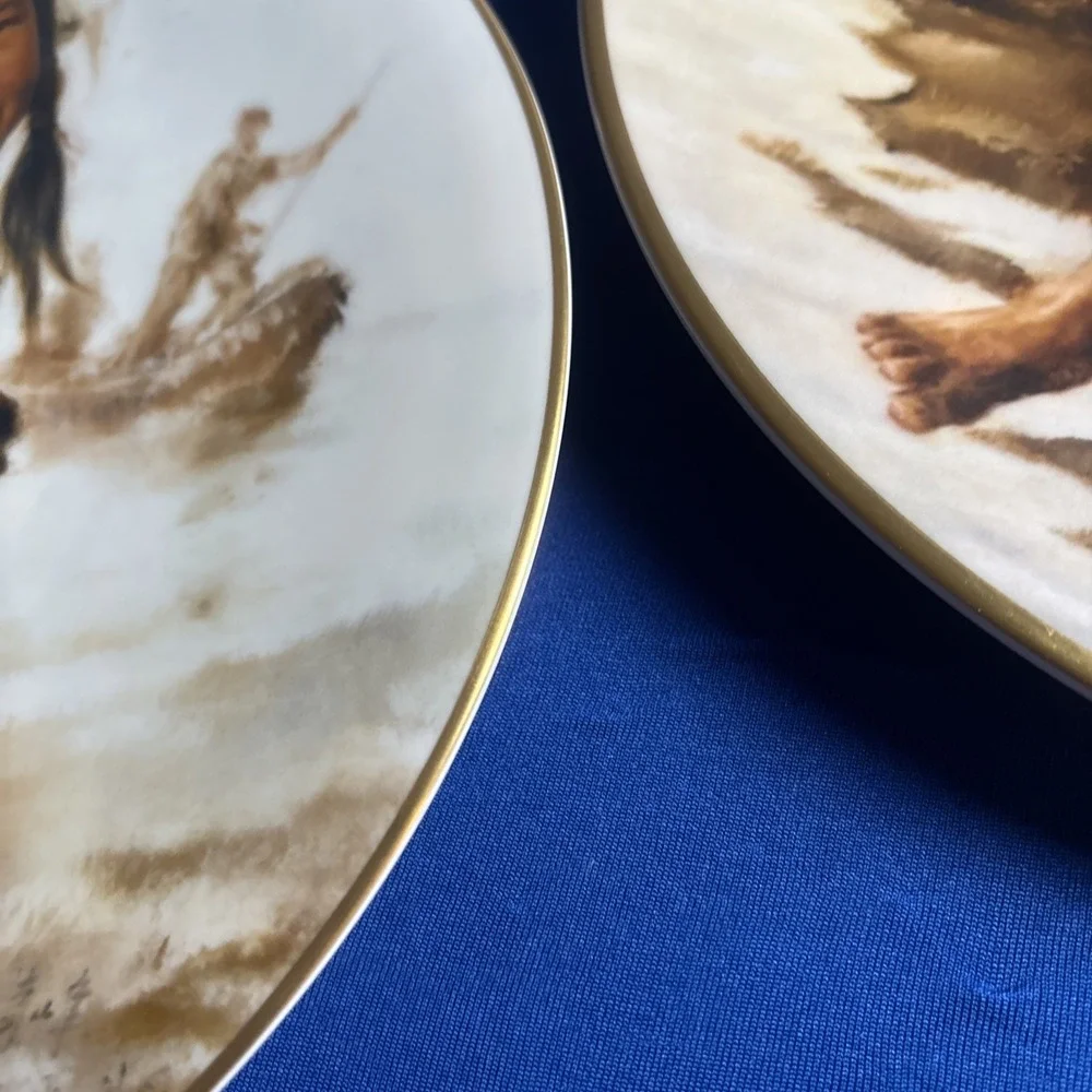 Kee Fung Ng Collector Plate Girl with Brother & Sampan Girl Gold Trim Lot Of 2